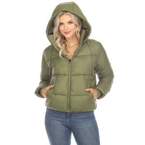 White Mark - Women's Full Front Zip Hooded Bomber Puffer Jacket Green